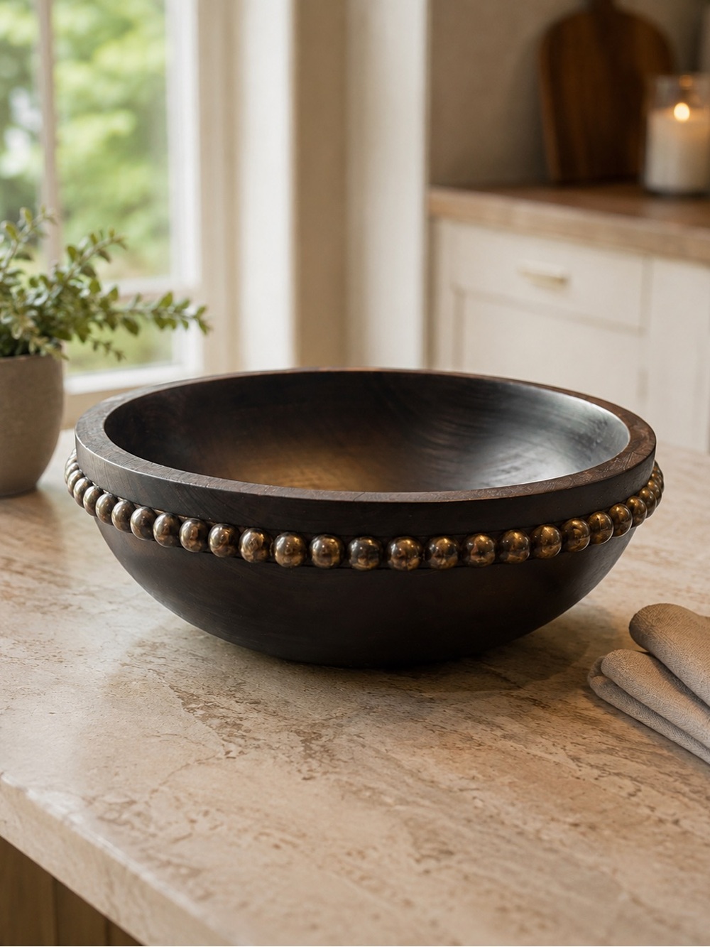 Handcrafted Dark Wood Bowl with Brass-Tone Beaded Trim – 9.5”